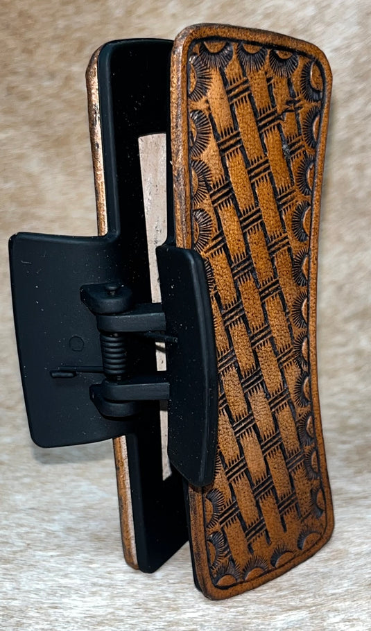 Medium Tooled Leather Claw Hair Clip - Basketweave & Camo Border