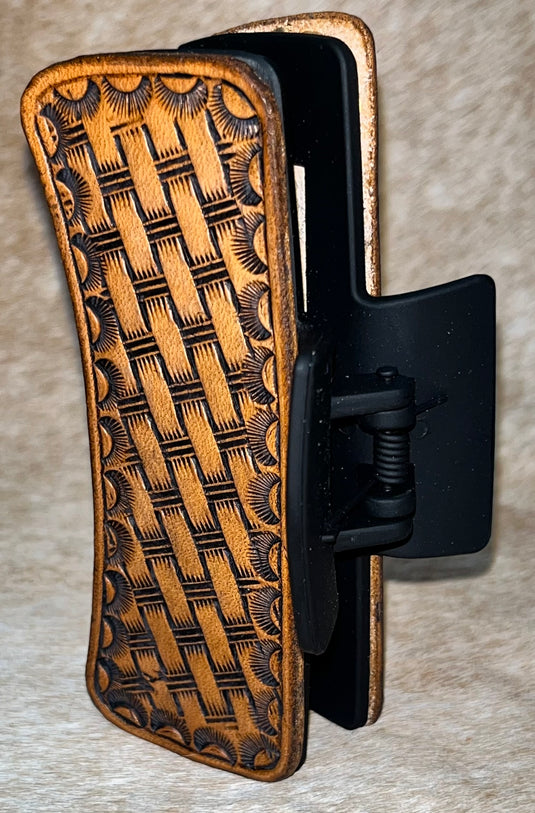 Medium Tooled Leather Claw Hair Clip - Basketweave & Camo Border