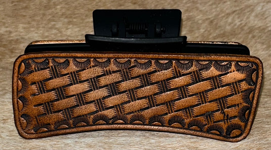 Medium Tooled Leather Claw Hair Clip - Basketweave & Camo Border