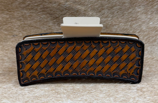 Large Tooled Leather Claw Hair Clip - Basketweave & Border