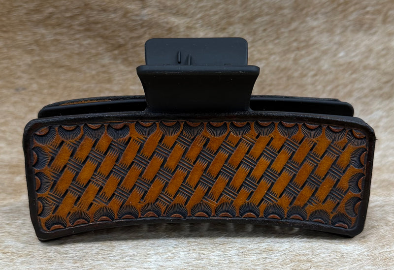Load image into Gallery viewer, Large Tooled Leather Claw Hair Clip - Basketweave &amp; Border
