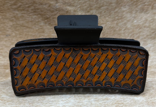 Large Tooled Leather Claw Hair Clip - Basketweave & Border