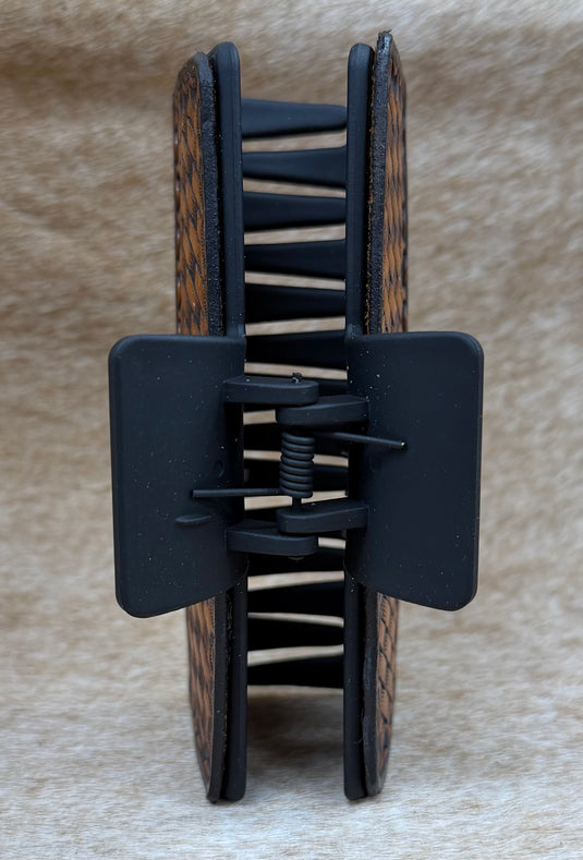 Large Tooled Leather Claw Hair Clip - Basketweave & Border
