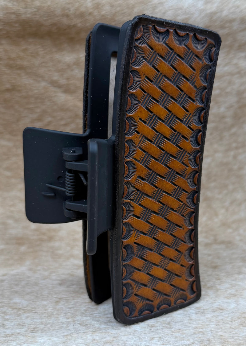 Load image into Gallery viewer, Large Tooled Leather Claw Hair Clip - Basketweave &amp; Border
