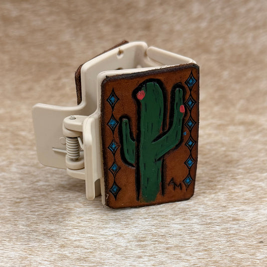 Small Tooled Leather Claw Hair Clip - Painted Cactus & Border