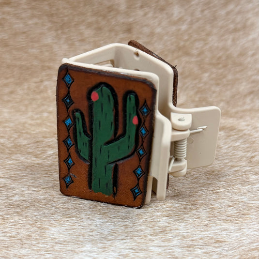 Small Tooled Leather Claw Hair Clip - Painted Cactus & Border
