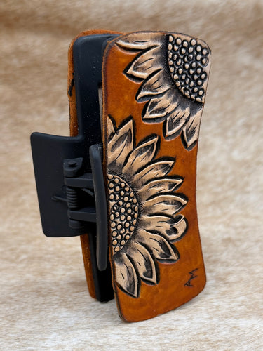 Medium Tooled Leather Claw Hair Clip - Sunflower