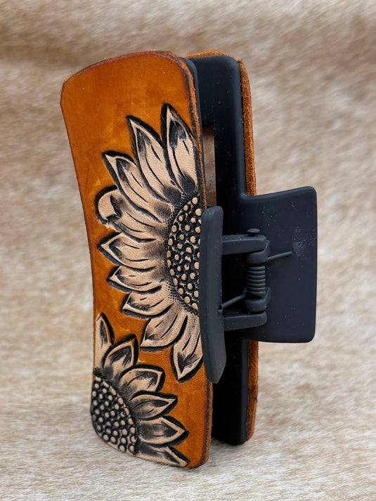 Medium Tooled Leather Claw Hair Clip - Sunflower