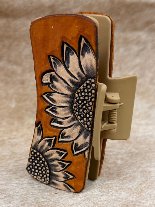Medium Tooled Leather Claw Hair Clip - Sunflower