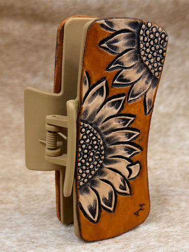 Medium Tooled Leather Claw Hair Clip - Sunflower