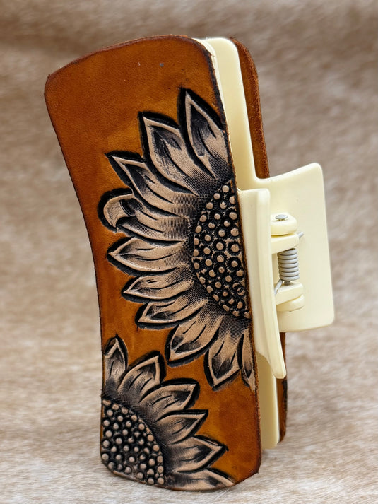 Medium Tooled Leather Claw Hair Clip - Sunflower