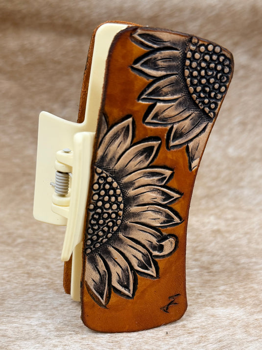 Medium Tooled Leather Claw Hair Clip - Sunflower