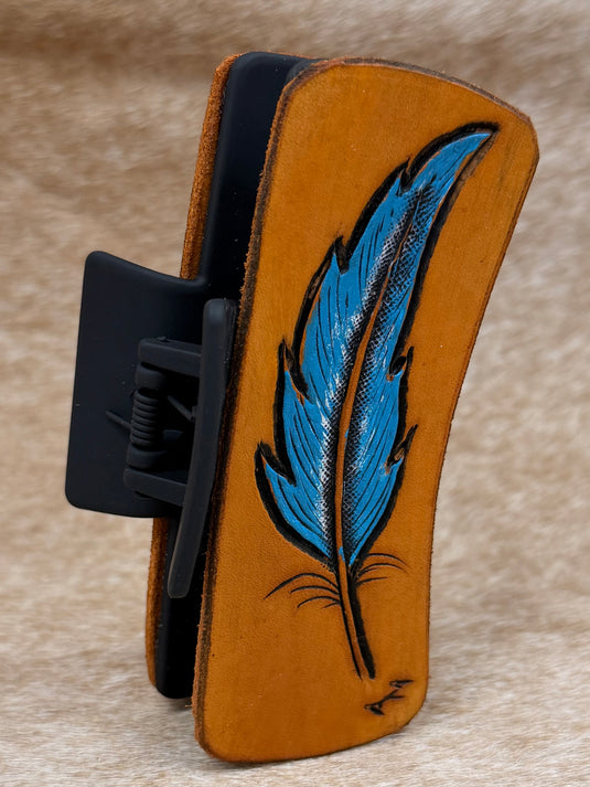 Medium Tooled Leather Claw Hair Clip - Painted Feather