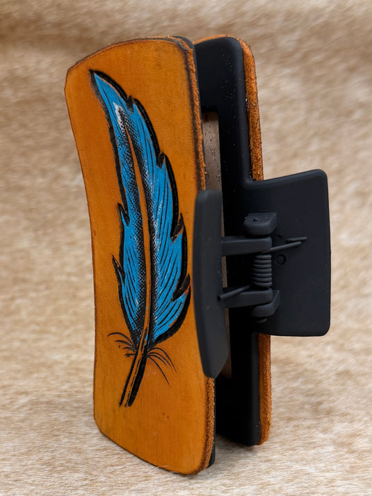 Medium Tooled Leather Claw Hair Clip - Painted Feather