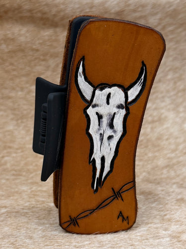 Medium Tooled Leather Claw Hair Clip - Painted Skull & Barbed Wire