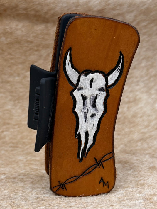 Medium Tooled Leather Claw Hair Clip - Painted Skull & Barbed Wire