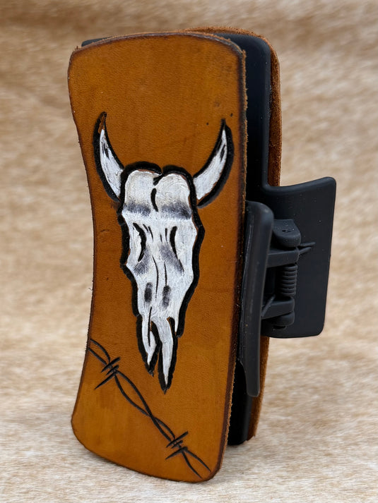 Medium Tooled Leather Claw Hair Clip - Painted Skull & Barbed Wire