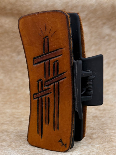 Medium Tooled Leather Claw Hair Clip - Three Crosses