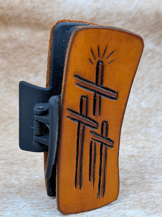 Medium Tooled Leather Claw Hair Clip - Three Crosses