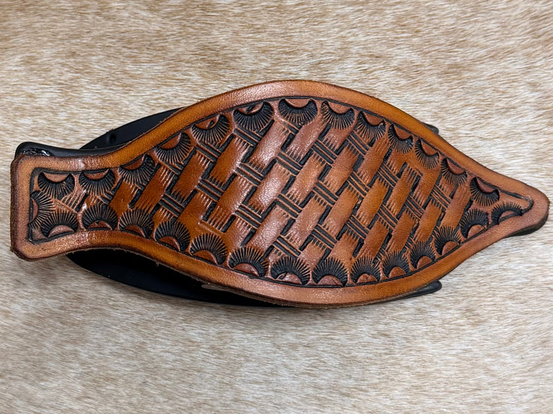 Load image into Gallery viewer, Flat Tooled Leather Claw Hair Clip - Black - Basket Stamp &amp; Camo Border
