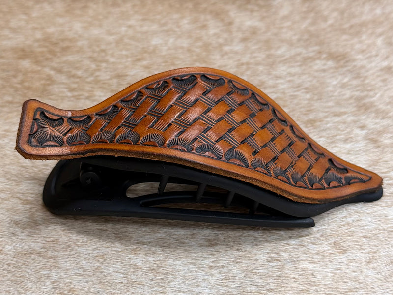 Load image into Gallery viewer, Flat Tooled Leather Claw Hair Clip - Black - Basket Stamp &amp; Camo Border
