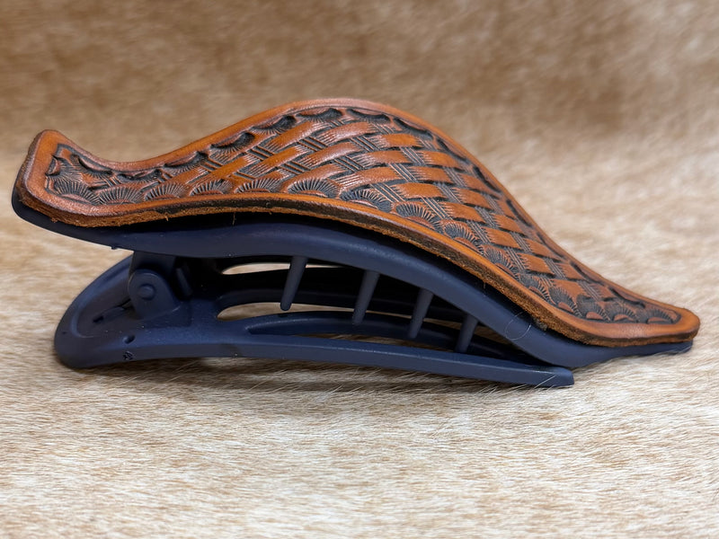 Load image into Gallery viewer, Flat Tooled Leather Claw Hair Clip - Navy - Basket Stamp &amp; Camo Border
