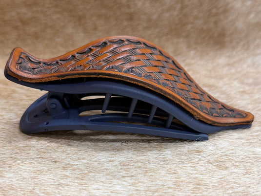 Flat Tooled Leather Claw Hair Clip - Navy - Basket Stamp & Camo Border