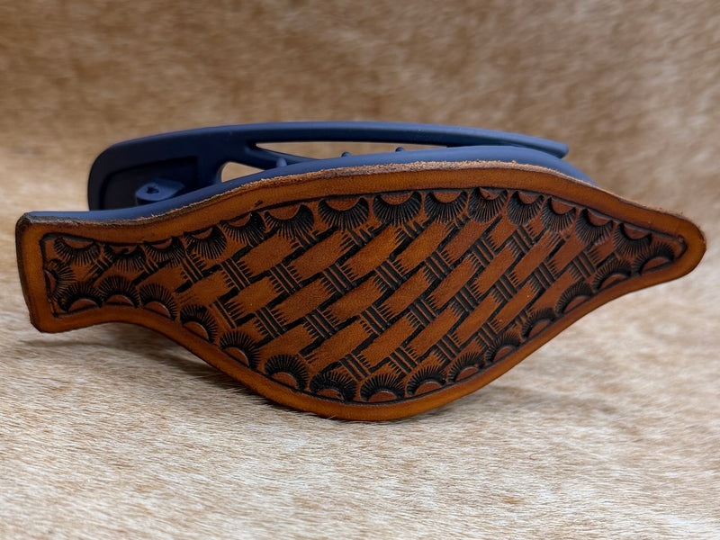 Load image into Gallery viewer, Flat Tooled Leather Claw Hair Clip - Navy - Basket Stamp &amp; Camo Border
