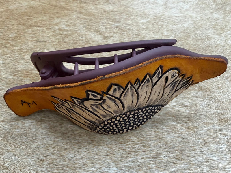 Load image into Gallery viewer, Flat Tooled Leather Claw Hair Clip - Purple - Sunflower
