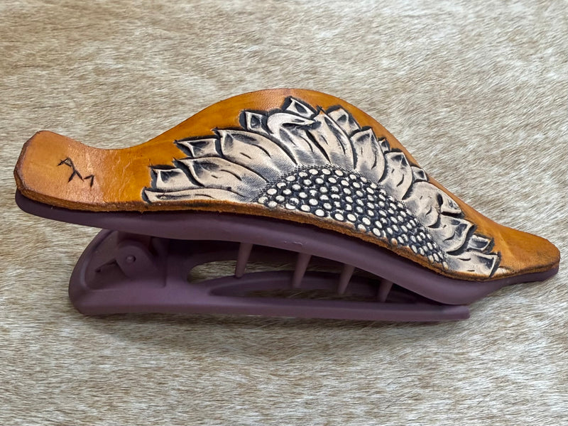 Load image into Gallery viewer, Flat Tooled Leather Claw Hair Clip - Purple - Sunflower
