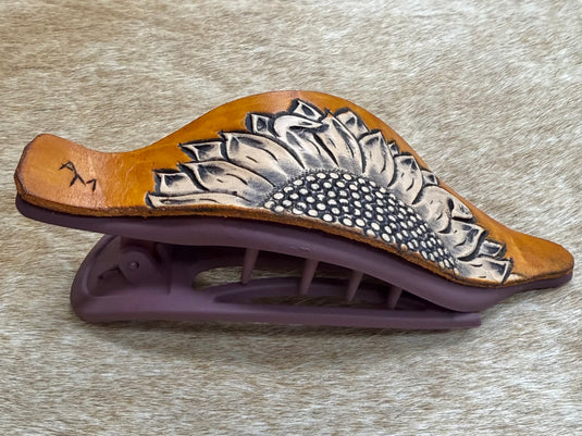 Flat Tooled Leather Claw Hair Clip - Purple - Sunflower