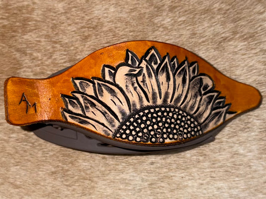 Flat Tooled Leather Claw Hair Clip - Gray - Sunflower