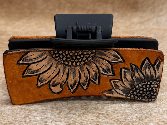 Medium Tooled Leather Claw Hair Clip - Black - Sunflower