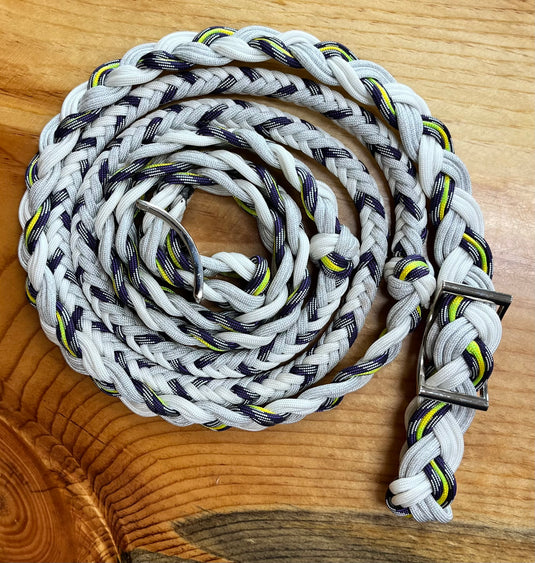 BHB Round Braided Barrel Rein - White/Silver/Purple/Yellow/Green