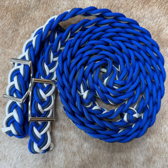 BHB Round Braided Barrel Rein - Blue/Navy/White