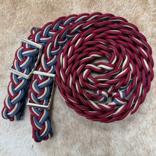 BHB Round Braided Barrel Rein - Burgundy/Navy/Tan