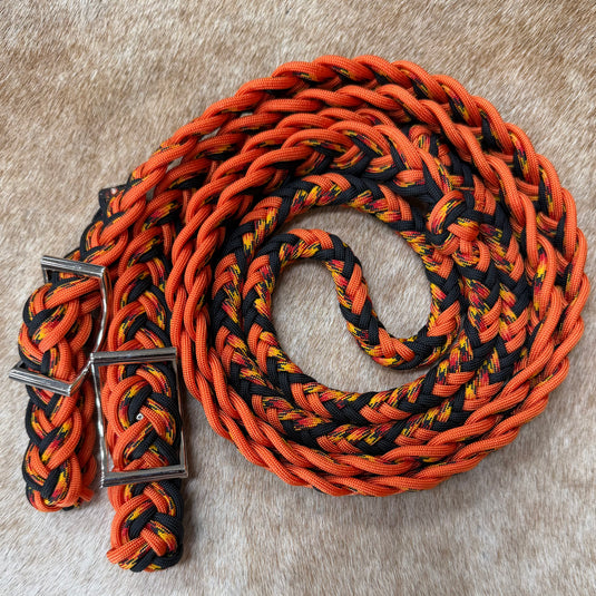 BHB Round Braided Barrel Rein - Black/Orange/Red & Black Camo