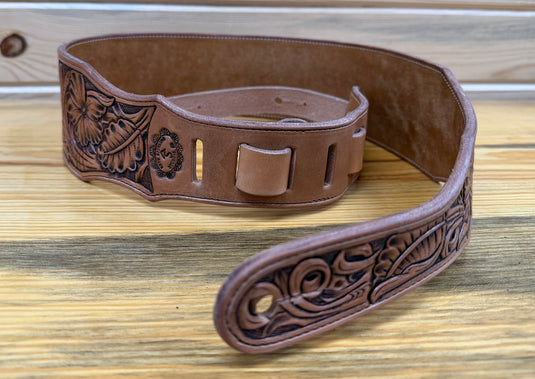 Hand Tooled Floral & Basketweave Guitar Strap