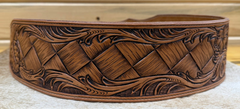 Load image into Gallery viewer, Hand Tooled Floral &amp; Basketweave Guitar Strap
