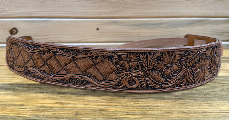 Load image into Gallery viewer, Hand Tooled Floral &amp; Basketweave Guitar Strap
