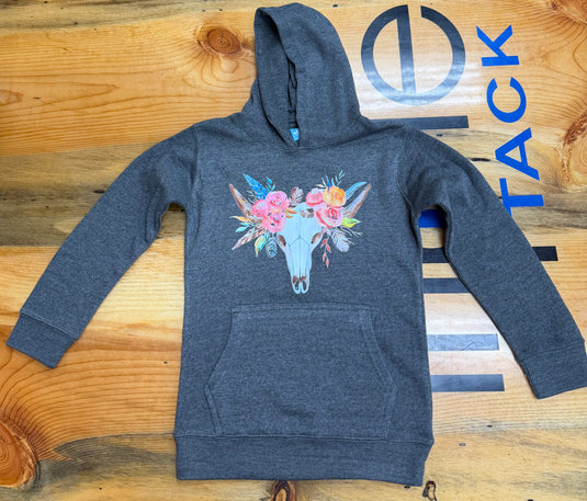 Diamond B Girl's Skull & Roses Graphic Hoodie - Gray
