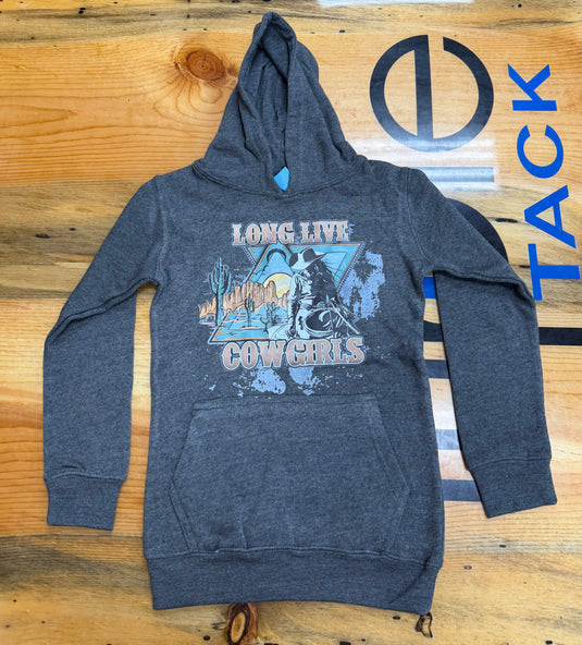 Diamond B Girl's Long Live Cowgirls Graphic Hoodie - Gray