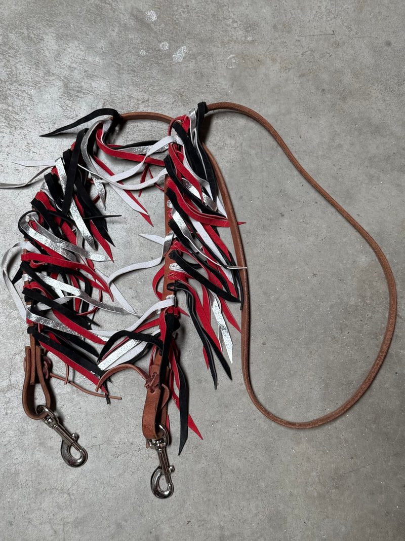 Load image into Gallery viewer, Used Barrel Rein with Fringe - Black/Red/Silver
