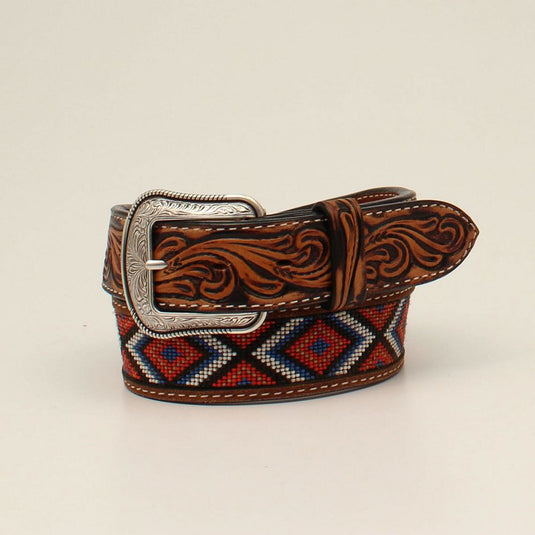 3D 1-1/2" Tooled With Beaded Inlay Belt - Red/White/Blue