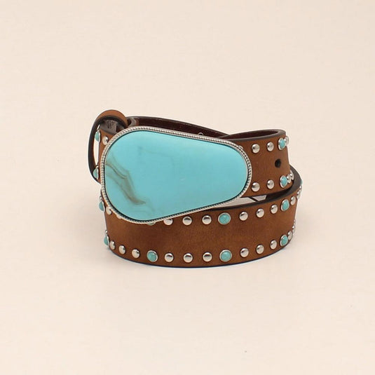 Angel Ranch Girls 1-1/4" Turquoise Stone Buckle Belt - Brown/Turquoise
