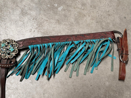 Used Cactus Saddlery Tooled Breast Collar with Fringe - Turquoise