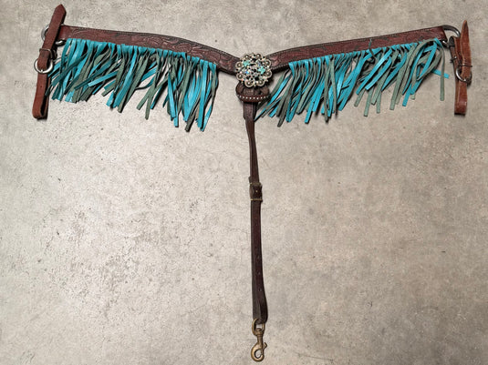 Used Cactus Saddlery Tooled Breast Collar with Fringe - Turquoise