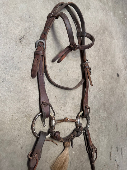 Used Bridle Set - Herschberger Futurity Browband, Silver Overlay & Dots Eggbutt Smooth Snaffle Bit, Split Reins