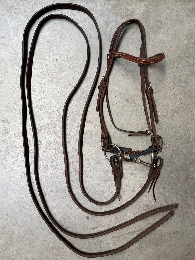 Load image into Gallery viewer, Used Bridle Set - Herschberger Browband, O-Ring Smooth Snaffle Bit, Heavy Split Reins
