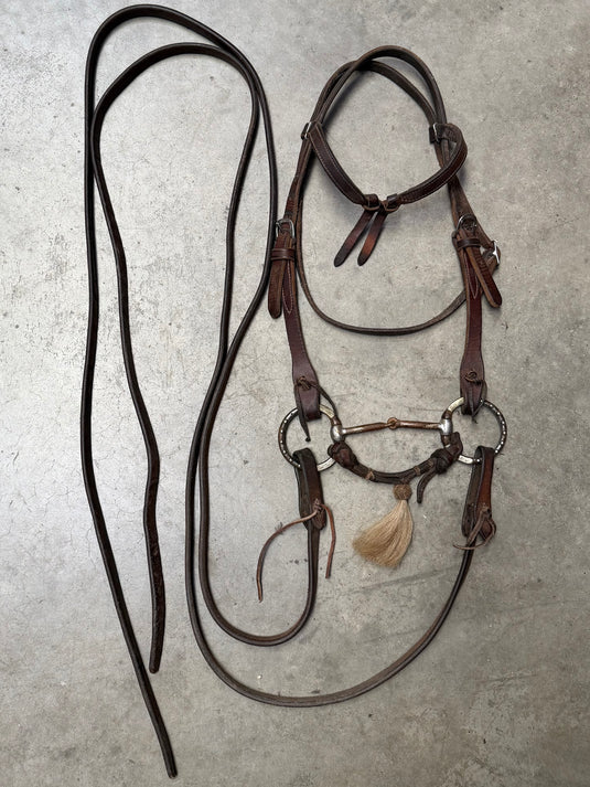Used Bridle Set - Herschberger Futurity Browband, Silver Overlay & Dots Eggbutt Smooth Snaffle Bit, Split Reins